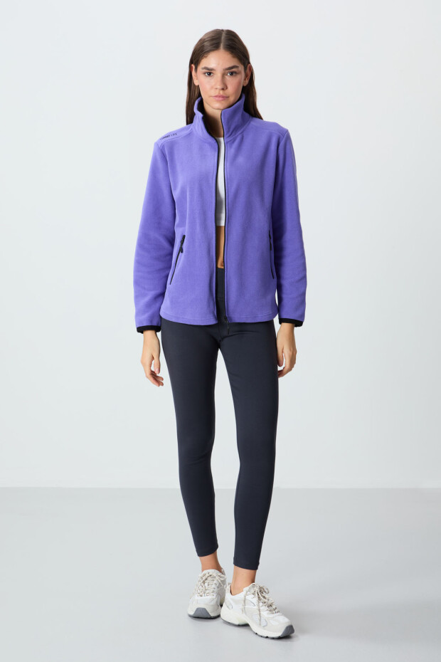 Eflatun Dik Yaka Fermuarlı Rahat Form Kadın Polar Sweatshirt - 97173 - 4