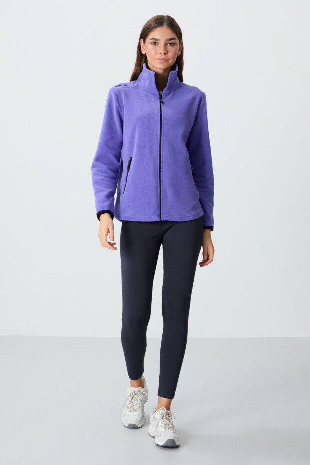 Eflatun Dik Yaka Fermuarlı Rahat Form Kadın Polar Sweatshirt - 97173 - 2