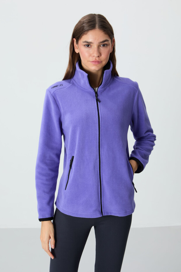 Eflatun Dik Yaka Fermuarlı Rahat Form Kadın Polar Sweatshirt - 97173 - 1