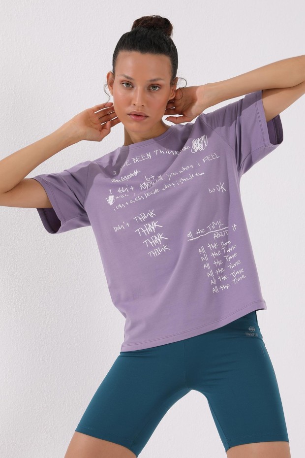 Eflatun El Yazısı Baskılı O Yaka Kadın Oversize T-Shirt - 97137
