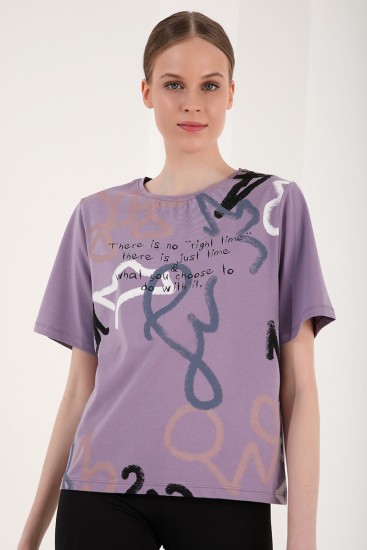 Eflatun Karışık Desenli Yazı Baskılı O Yaka Kadın Oversize T-Shirt - 97132 - Thumbnail
