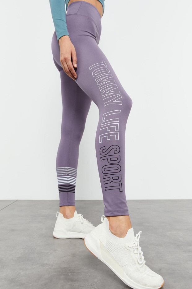 Eflatun Yüksek Bel Yazı Baskılı Slim Fit Dar Paça Kadın Tayt - 94544 - 4