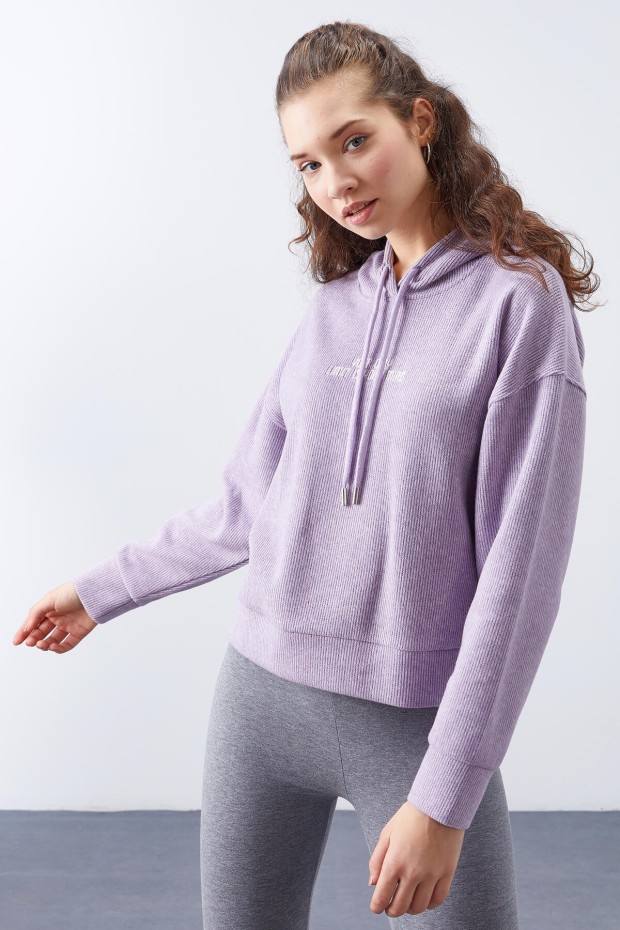 Eflatun Kapüşonlu Yazı Nakışlı Selanik Kadın Oversize Sweatshirt - 97192