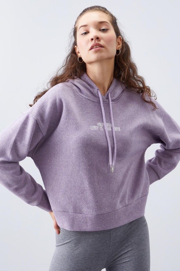 Eflatun Kapüşonlu Yazı Nakışlı Selanik Kadın Oversize Sweatshirt - 97192