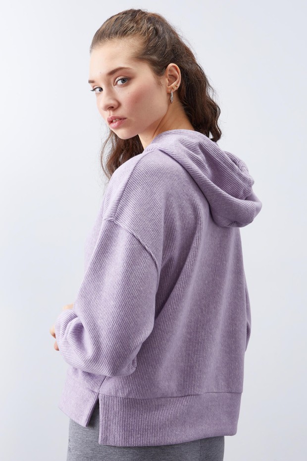 Eflatun Kapüşonlu Yazı Nakışlı Selanik Kadın Oversize Sweatshirt - 97192