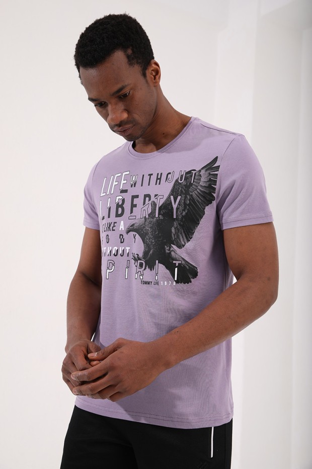 Eflatun Kartal Baskılı Standart Kalıp O Yaka Erkek T-Shirt - 87932