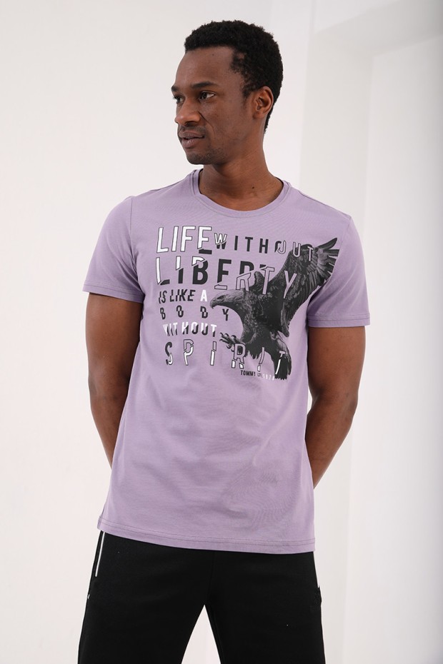 Eflatun Kartal Baskılı Standart Kalıp O Yaka Erkek T-Shirt - 87932