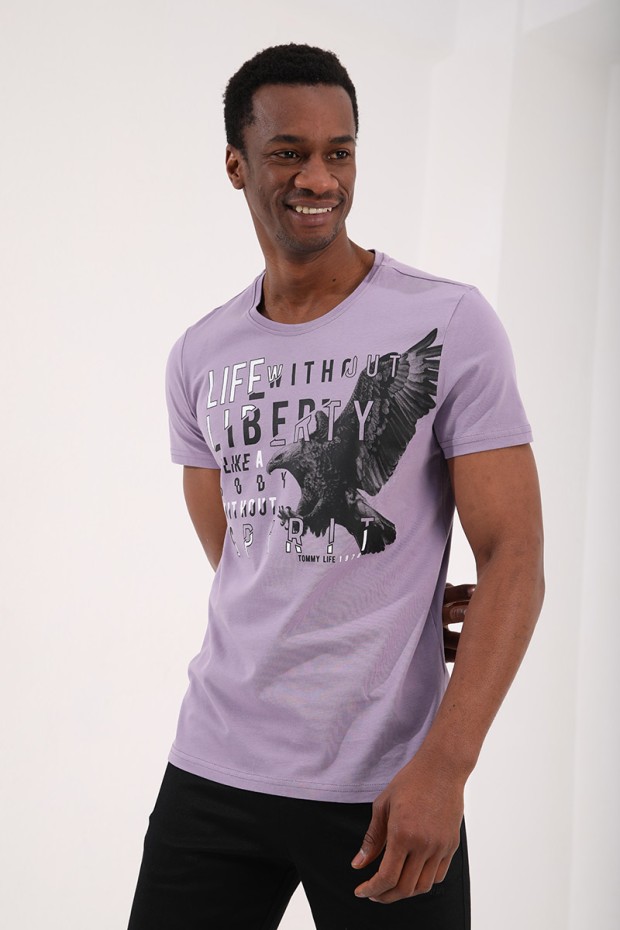 Eflatun Kartal Baskılı Standart Kalıp O Yaka Erkek T-Shirt - 87932