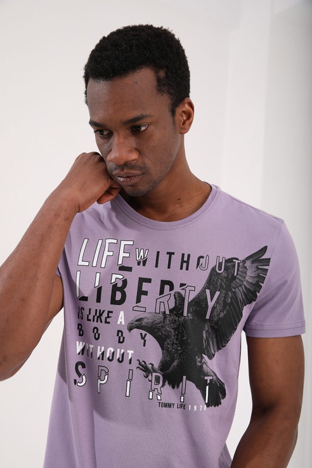 Eflatun Kartal Baskılı Standart Kalıp O Yaka Erkek T-Shirt - 87932