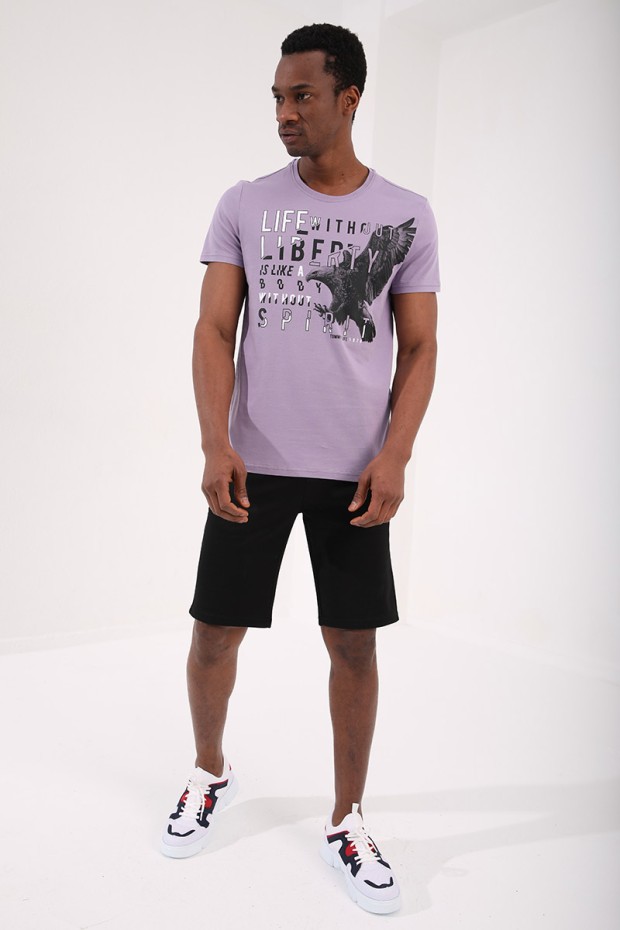 Eflatun Kartal Baskılı Standart Kalıp O Yaka Erkek T-Shirt - 87932