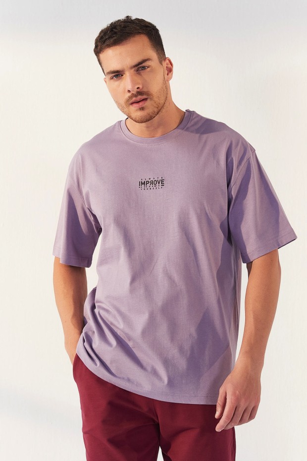 Eflatun Küçük Yazı Baskılı O Yaka Erkek Oversize T-Shirt - 87985