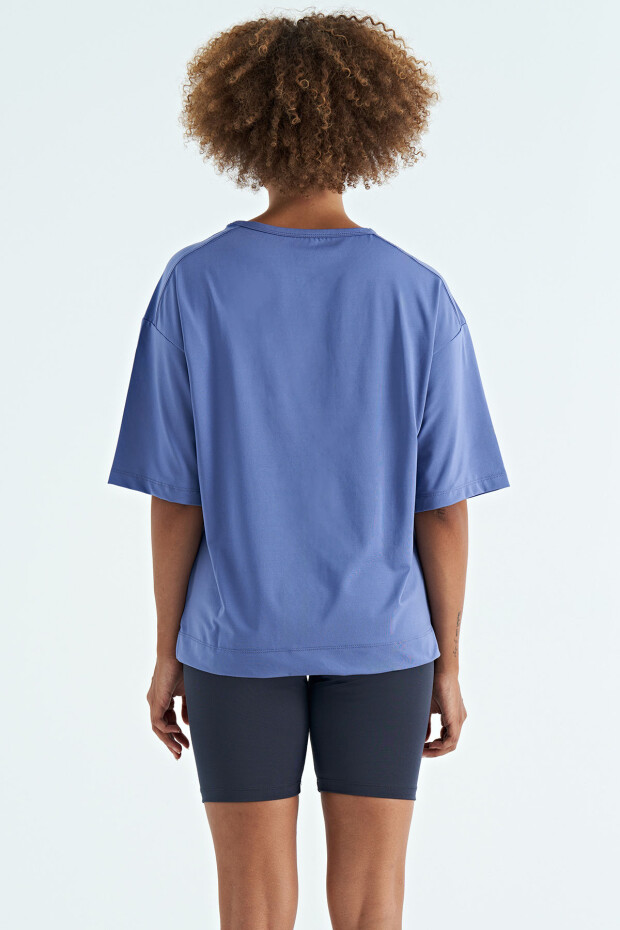 Eflatun O Yaka Baskı Detaylı Oversize Kısa Kol Kadın T-Shirt - 97263