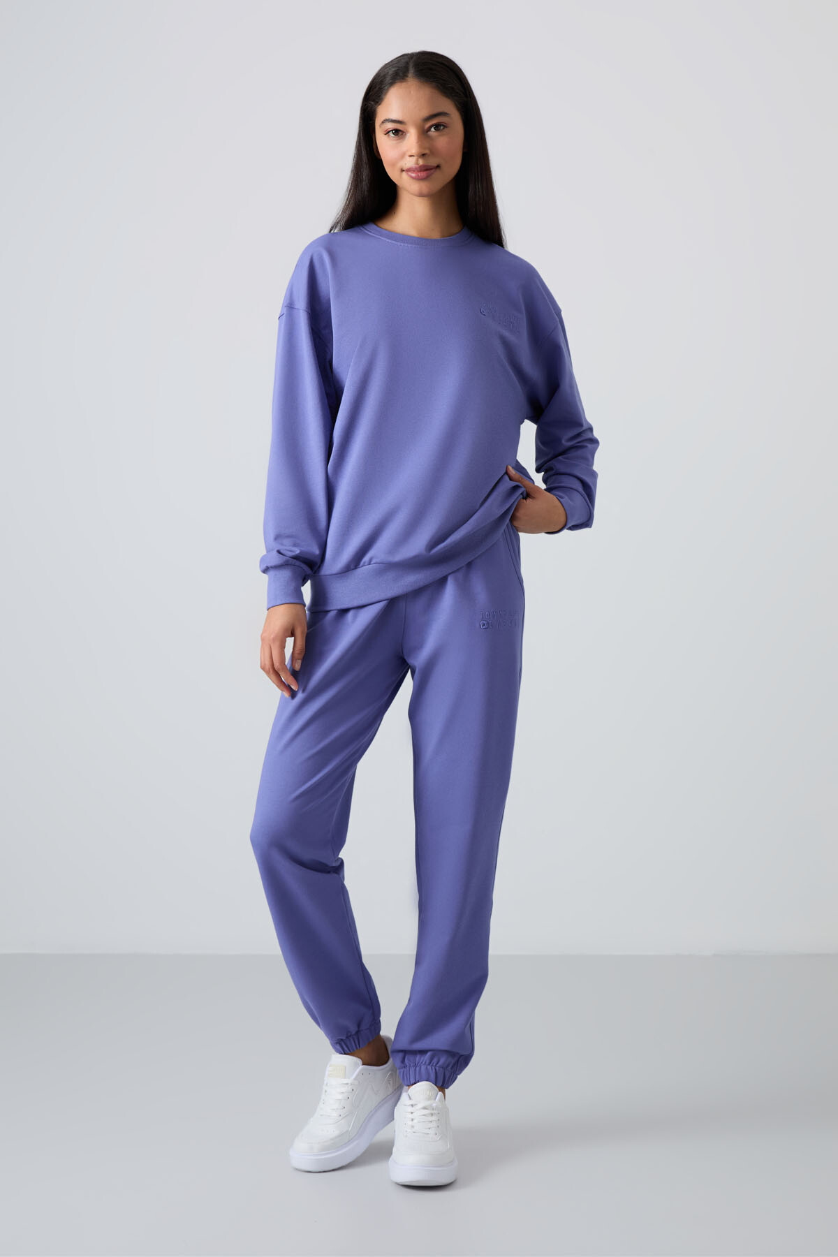 Eflatun Basic Pamuklu O Yaka Oversize Lastik Paça Kadın Eşofman Takım - 95287 - TOMMYLIFE