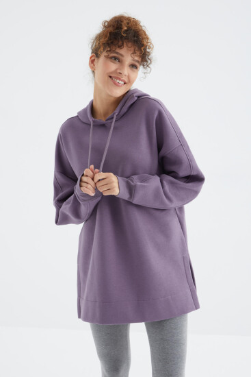 Eflatun Reglan Kol Basic Kapüşonlu Oversize Sweatshirt Tunik - 97242 