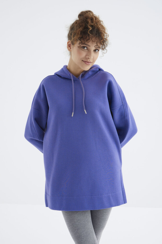 Eflatun Reglan Kol Basic Kapüşonlu Oversize Sweatshirt Tunik - 97242 - 5