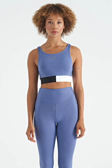 Eflatun Renk Bloklu Logo Baskılı Dar Kalıp Fitilli Kadın Büstiyer - 97275 - TOMMYLIFE