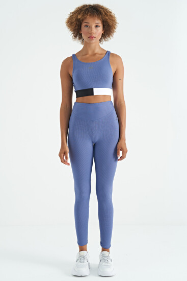 Eflatun Renk Bloklu Logo Baskılı Dar Kalıp Fitilli Kadın Büstiyer - 97275 - TOMMYLIFE (1)