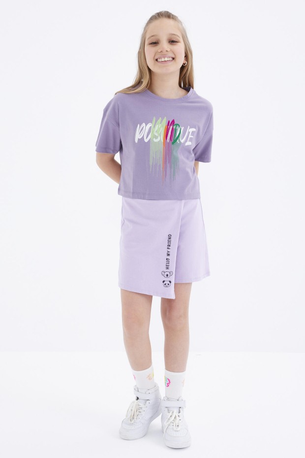 Eflatun Renkli Yazı Baskılı O Yaka Oversize Düşük Omuz Kız Çocuk Crop T-Shirt - 75036