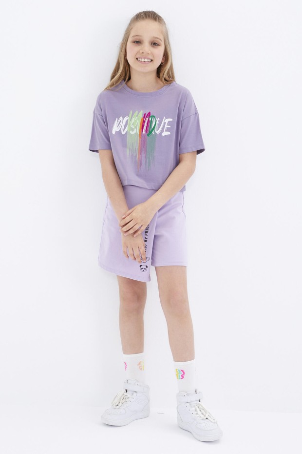 Eflatun Renkli Yazı Baskılı O Yaka Oversize Düşük Omuz Kız Çocuk Crop T-Shirt - 75036