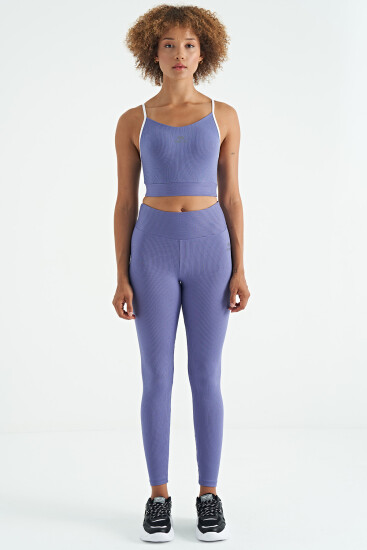 Eflatun Sırt Çapraz Detaylı Logo Baskılı Dar Kalıp Fitilli Kadın Büstiyer - 97274 - TOMMYLIFE (1)