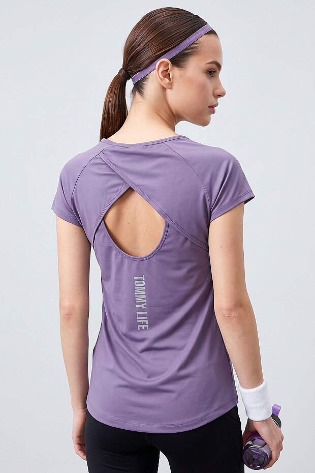 Eflatun Sırt Pencereli Kısa Kol Standart Kalıp O Yaka Kadın T-Shirt - 97101 - 5