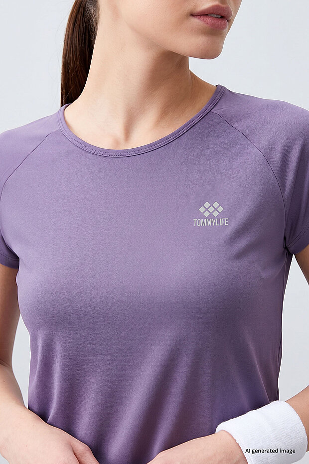 Eflatun Sırt Pencereli Kısa Kol Standart Kalıp O Yaka Kadın T-Shirt - 97101 - 4