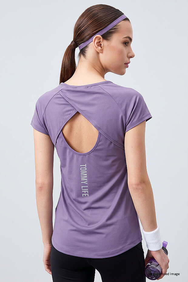 Eflatun Sırt Pencereli Kısa Kol Standart Kalıp O Yaka Kadın T-Shirt - 97101 - 5