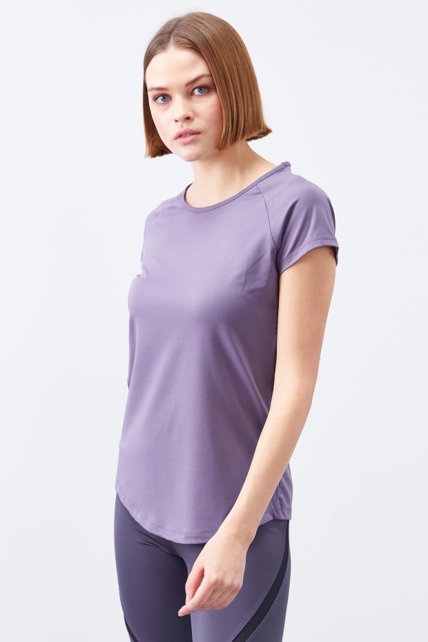 Eflatun Sırt Pencereli Kısa Kol Standart Kalıp O Yaka Kadın T-Shirt - 97101