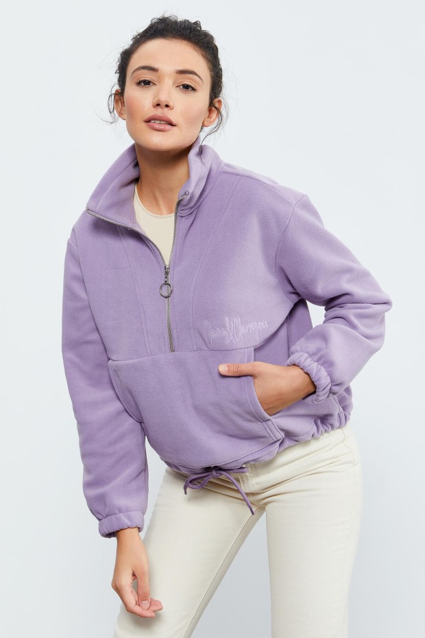 Eflatun Yarım Fermuar Etek Ucu Büzgülü Kadın Polar Oversize Sweatshirt - 97171 - 1