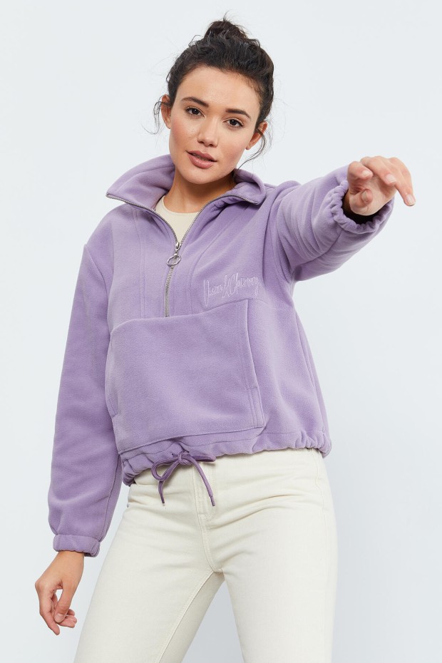Eflatun Yarım Fermuar Etek Ucu Büzgülü Kadın Polar Oversize Sweatshirt - 97171 - 3
