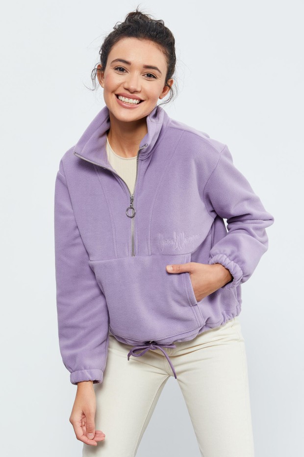 Eflatun Yarım Fermuar Etek Ucu Büzgülü Kadın Polar Oversize Sweatshirt - 97171 - 5