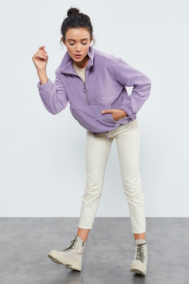 Eflatun Yarım Fermuar Etek Ucu Büzgülü Kadın Polar Oversize Sweatshirt - 97171 - 6