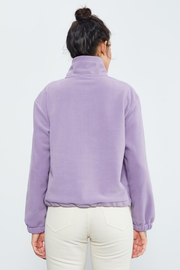 Eflatun Yarım Fermuar Etek Ucu Büzgülü Kadın Polar Oversize Sweatshirt - 97171 - 7
