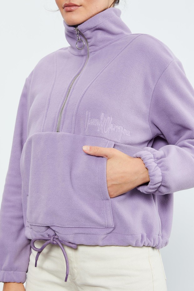 Eflatun Yarım Fermuar Etek Ucu Büzgülü Kadın Polar Oversize Sweatshirt - 97171 - 8