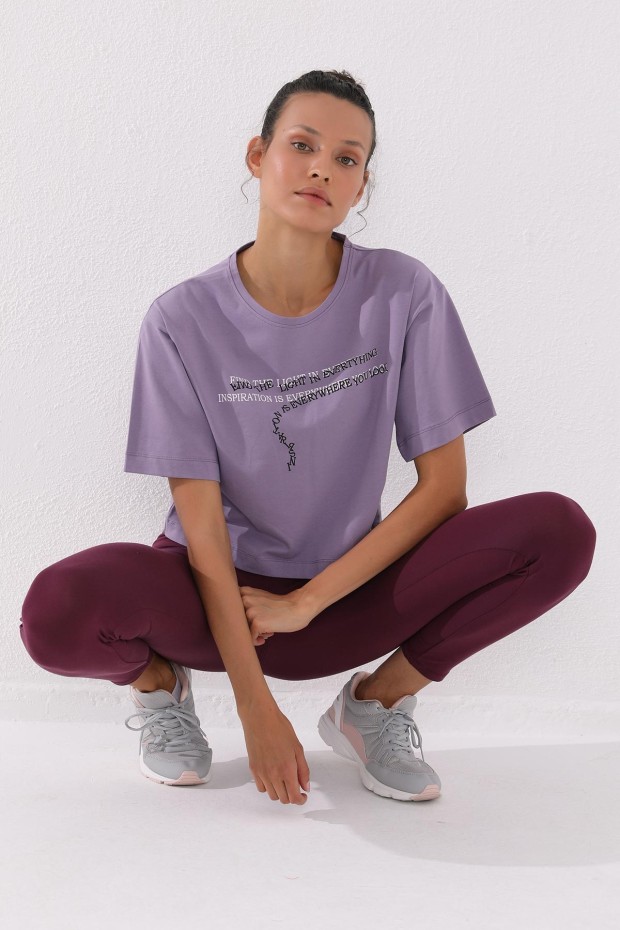 Eflatun Yazı Baskılı Kısa O Yaka Kadın Oversize T-Shirt - 97135