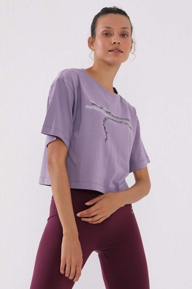 Eflatun Yazı Baskılı Kısa O Yaka Kadın Oversize T-Shirt - 97135