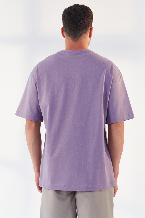 Eflatun Yazı Baskılı O Yaka Erkek Oversize T-Shirt - 87984
