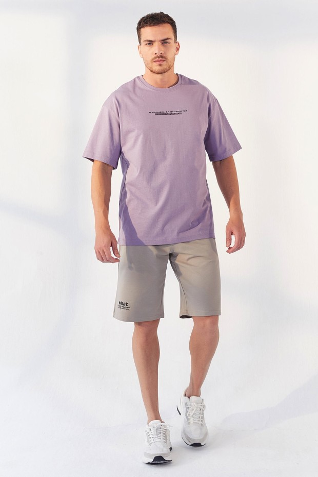 Eflatun Yazı Baskılı O Yaka Erkek Oversize T-Shirt - 87984