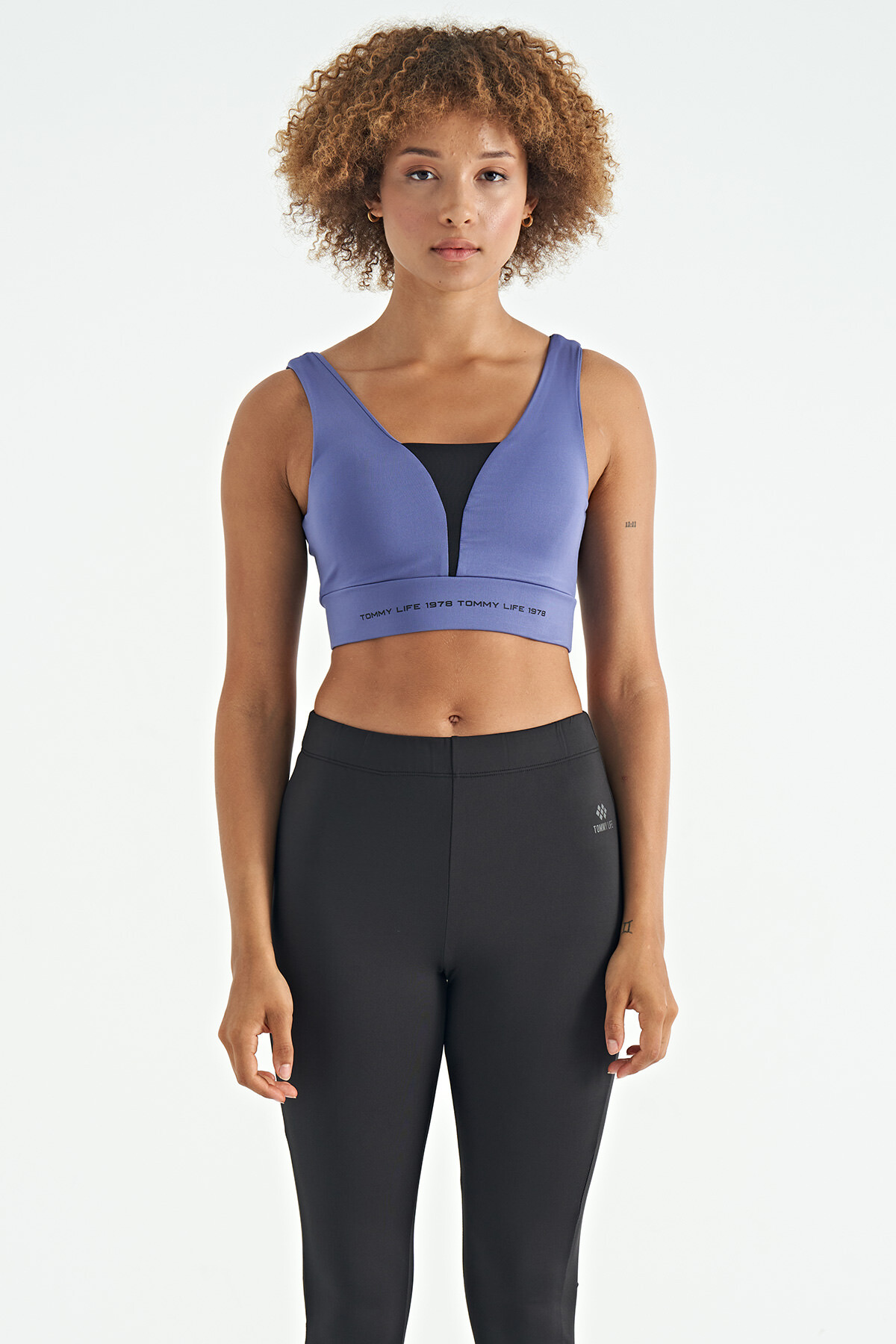 Eflatun Yazı Baskılı Renk Bloklu Dar Kalıp Dalgıç Kumaş Kadın Büstiyer - 97271 - TOMMYLIFE