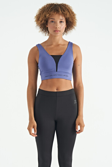 Eflatun Yazı Baskılı Renk Bloklu Dar Kalıp Dalgıç Kumaş Kadın Büstiyer - 97271 - TOMMYLIFE