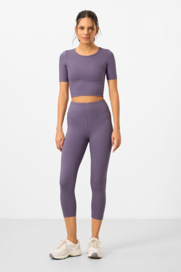 Eflatun Yüksek Bel Kapri-Crop T-Shirt Slim Fit Kadın Tayt Takım - 95285 - TOMMYLIFE