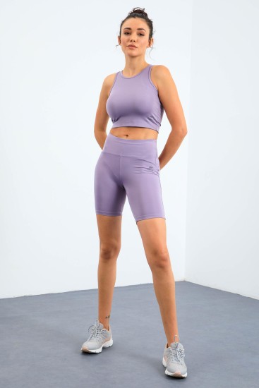 Eflatun Yüksek Bel Toparlayıcı Dar Kalıp Crop Biker Kadın Tayt Takım - 95302 - TOMMYLIFE (1)