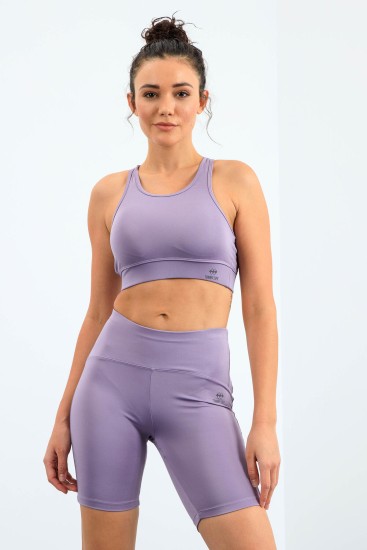 Eflatun Yüksek Bel Toparlayıcı Slim Fit Büstiyer Biker Kadın Tayt Takım - 95303 - TOMMYLIFE