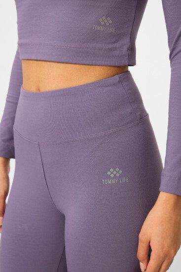 Eflatun Yüksek Bel Uzun Kollu Slim Fit Crop Top Kadın Tayt Takım - 95286 - TOMMYLIFE (1)