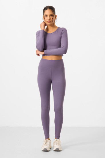 Eflatun Yüksek Bel Uzun Kollu Slim Fit Crop Top Kadın Tayt Takım - 95286 