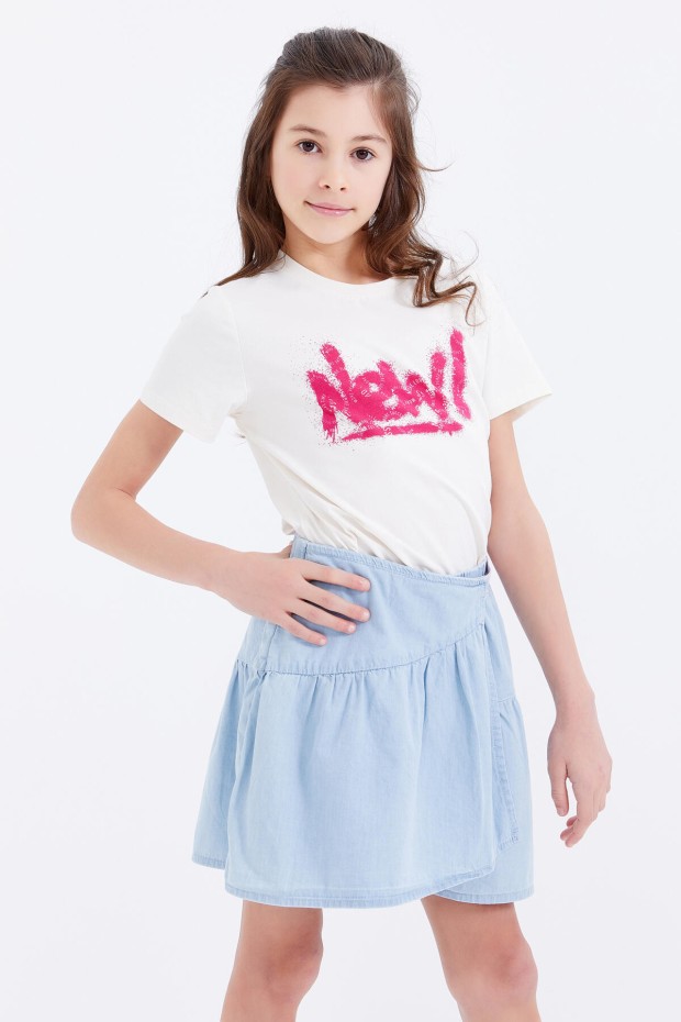 Ekru Basic Yazı Baskılı O Yaka Rahat Form Kız Çocuk T-Shirt - 75041