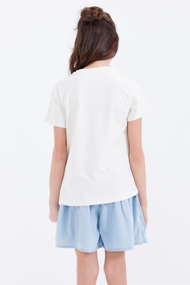 Ekru Basic Yazı Baskılı O Yaka Rahat Form Kız Çocuk T-Shirt - 75041