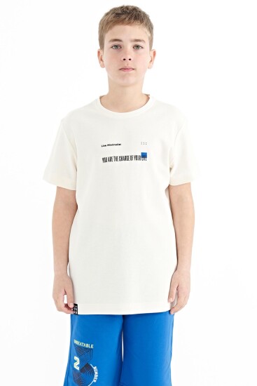 Ekru Baskı Detaylı O Yaka Standart Kalıp Erkek Çocuk T-Shirt - 11117 