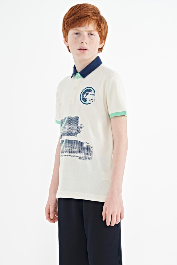 Ekru Baskı Detaylı Polo Yaka Standart Kalıp Erkek Çocuk T-Shirt - 11094