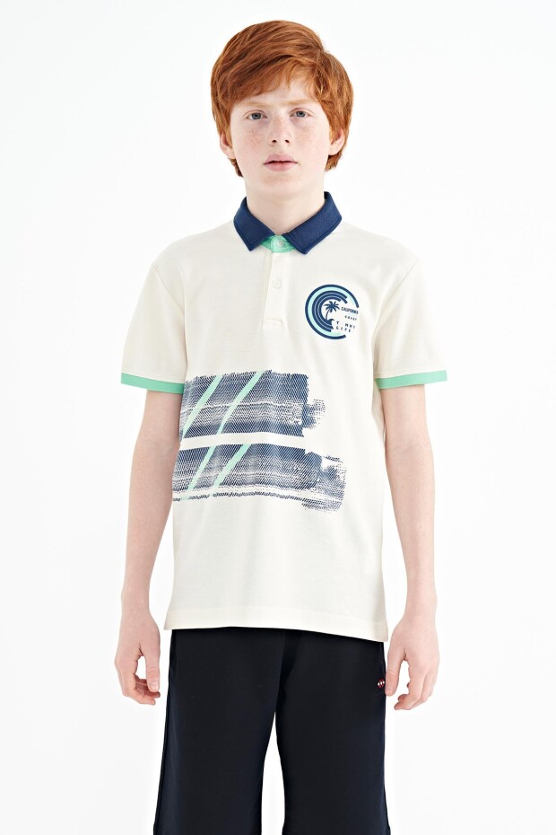 Ekru Baskı Detaylı Polo Yaka Standart Kalıp Erkek Çocuk T-Shirt - 11094